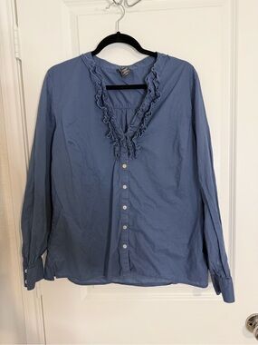 100% cotton Covington Blue Ruffle V-Neck Button-Front Blouse